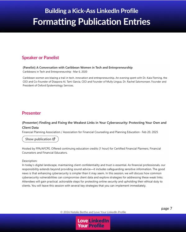 Example page: how to format Publication entries for a speaker or panelist and for a presenter.