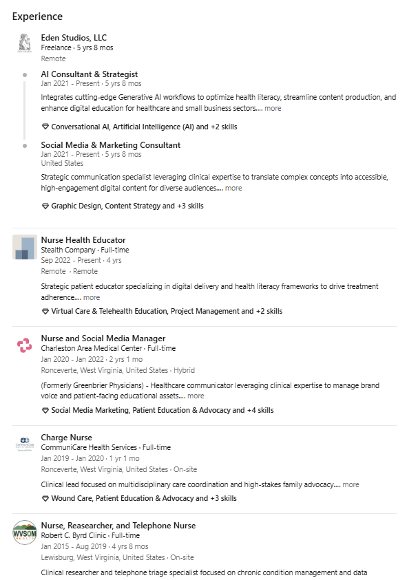 Eden Rookstool's new Experience section: entries linked to company pages, nursing roles and consulting work separated clearly