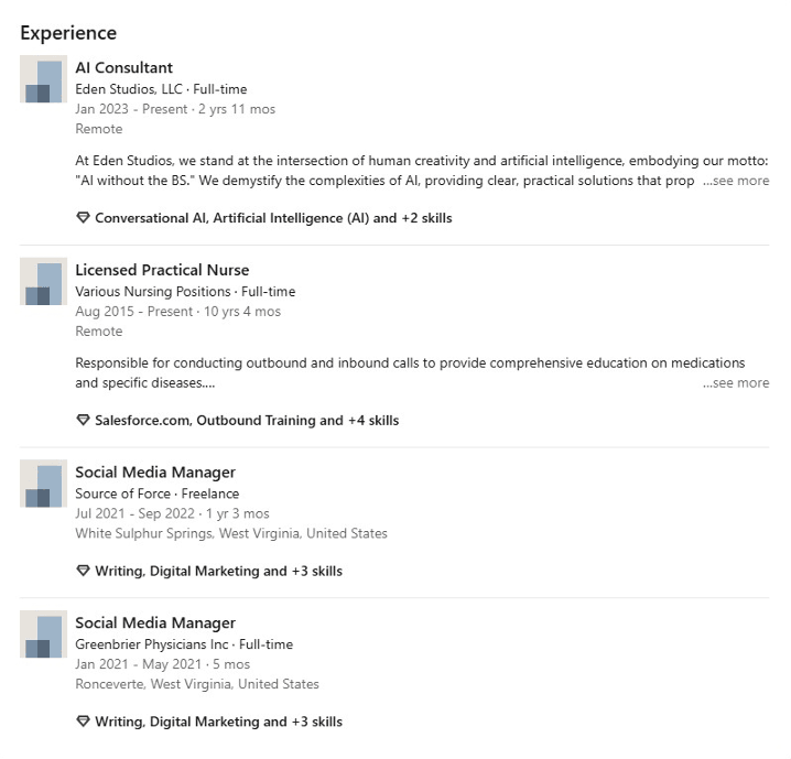 Eden Rookstool's old Experience section: several entries with empty gray placeholder logos and mixed nursing and freelance roles
