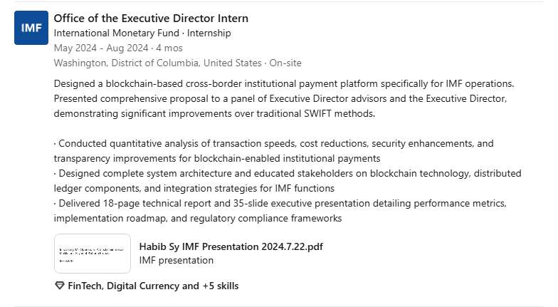 Habib Sy's new Experience entry: a description of the project, who he worked with, what he accomplished, and an attached copy of his presentation
