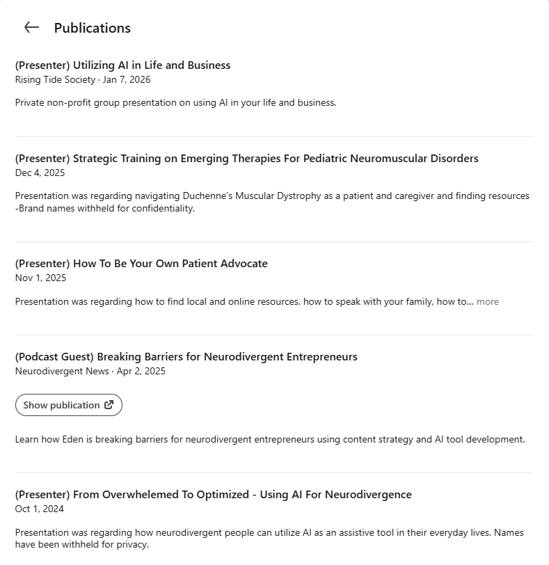 Eden Rookstool's new Publications section: eight media appearances listed with outlets and dates