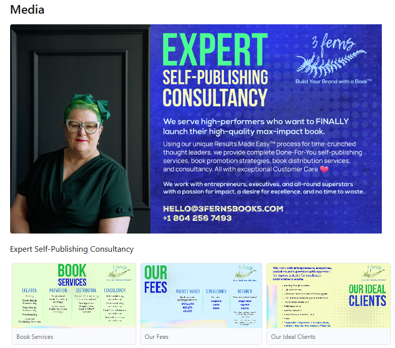 Leesa Ellis's new Services section: her Expert Self-Publishing Consultancy pitch deck attached as media, with slides for book services, fees, and ideal clients
